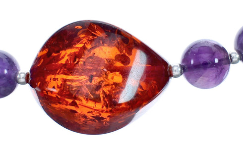 Sterling Silver Amethyst and Amber Bead Necklace KX121130